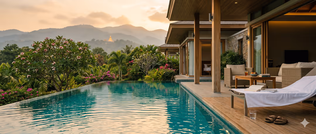 Aerial view of a Chiang Mai pool villa with Doi Suthep mountain in the background
